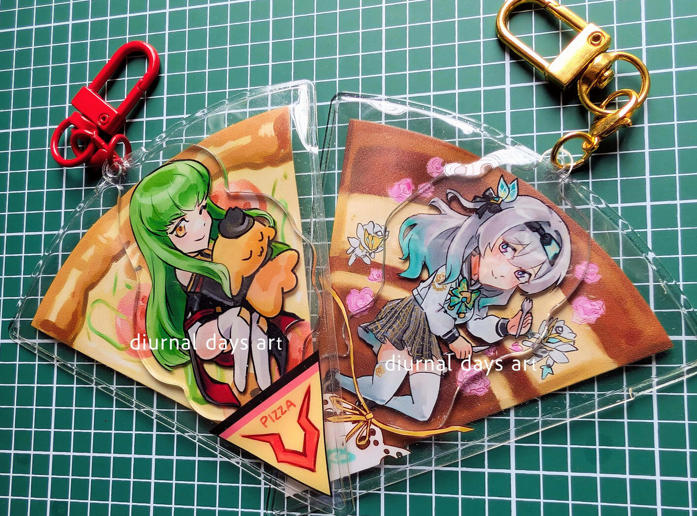 Code Geass and Honkai Star Rail fanart acrylic keychains in crepe-shaped PVC pouches