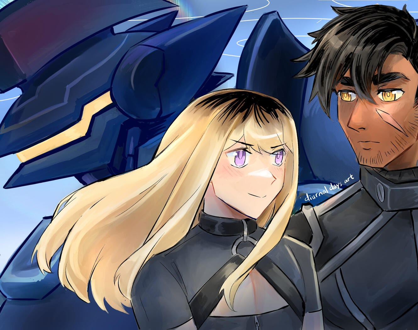 Illustration of the XG-01 Bhairava, Axellion Aihara, and Toshiaki Mizushima from my comic