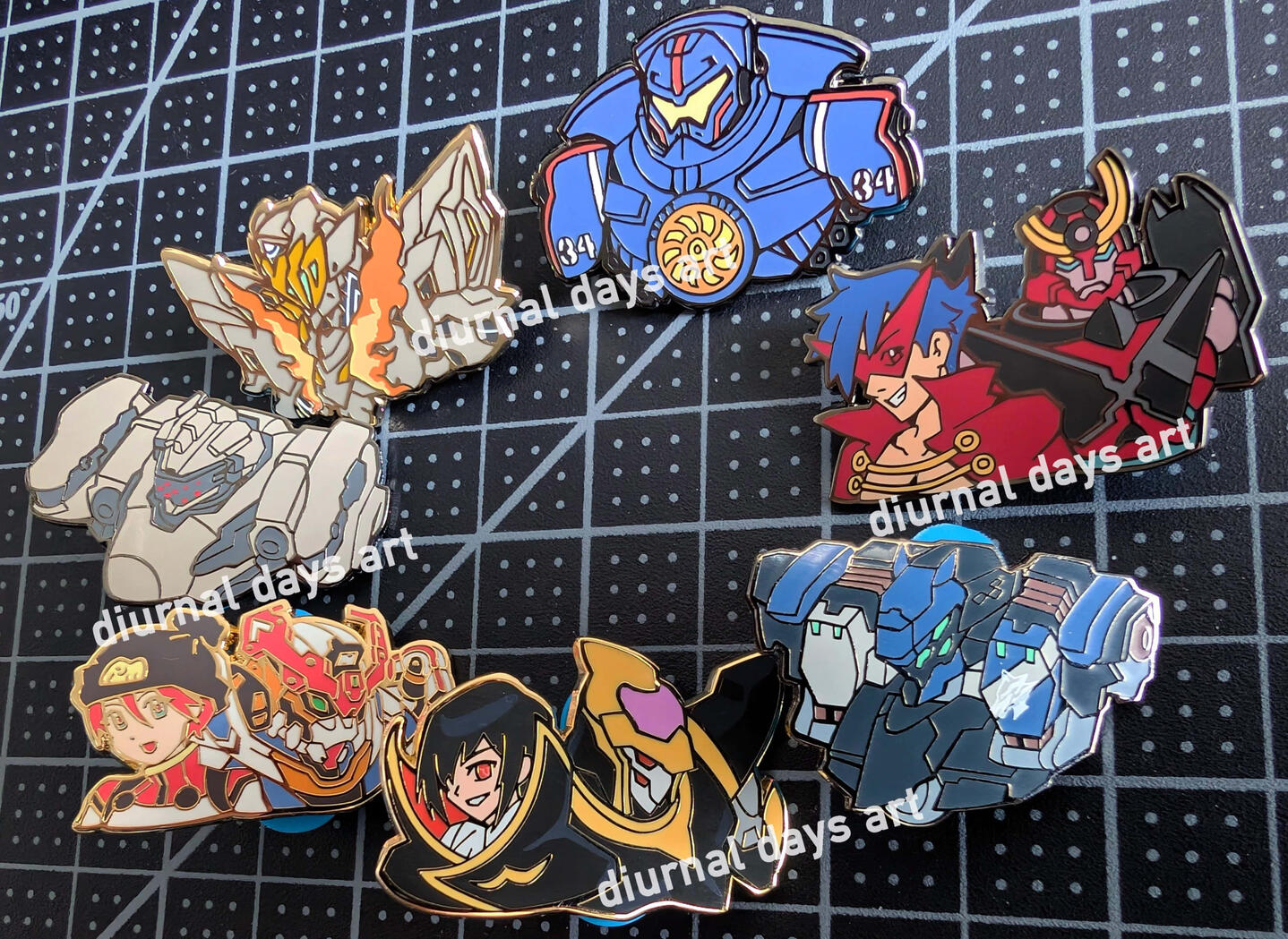 Various fanart enamel pins -- Pacific Rim, Gurren Lagann, Armored Core, Code Geass, Gundam, Honkai Star Rail